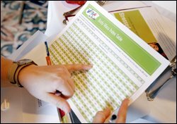 Mary-Allegra McKinnell, a 2nd grade teacher, reviews her statistics on a BMI chart.