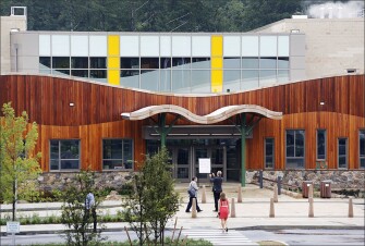 The new Sandy Hook Elementary School hosts a media open house on July 29 in Newtown, Conn. The public is getting its first look at the school, which will replace the one torn down after a gunman entered it in December 2012 and killed 20 students and six educators.