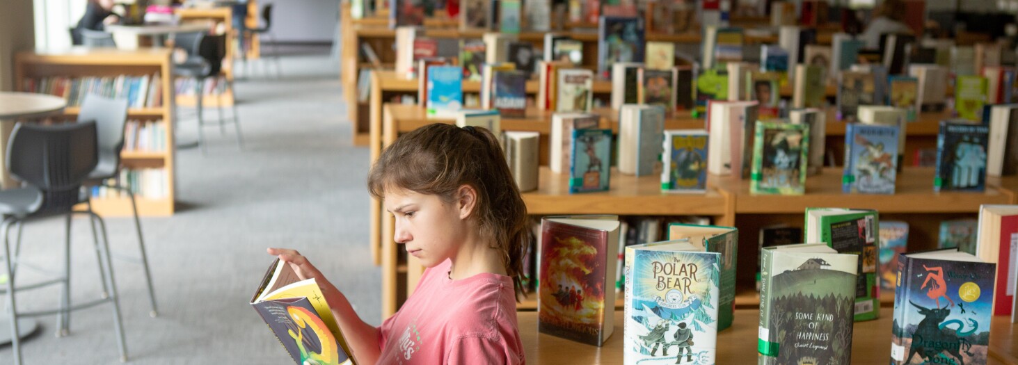 Image of a student reading in the library.