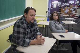 David and Amy Carson in a classroom at Bangor Christian Schools on Nov. 5, 2021.