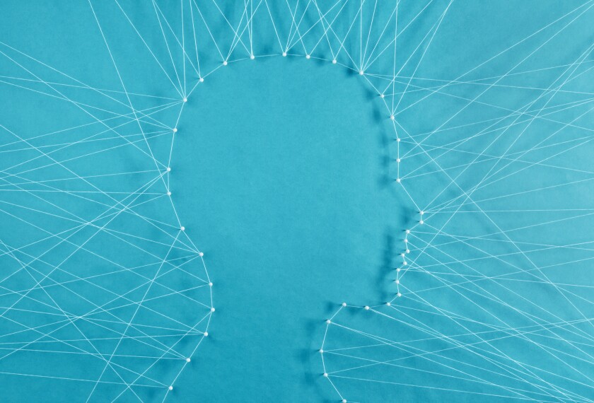 Outline of a human head connected by exterior threads, visual metaphor for spatial awareness